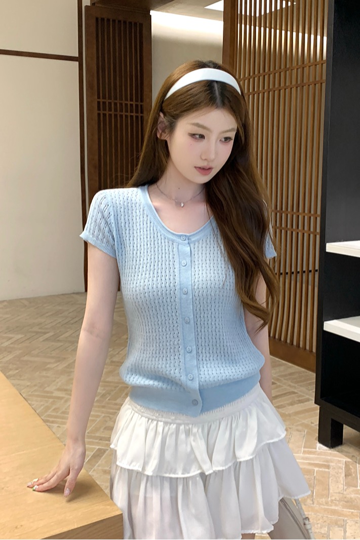 實拍~針織U領鏤空單排扣短袖開衫女2026夏季新款修身顯瘦薄款上衣