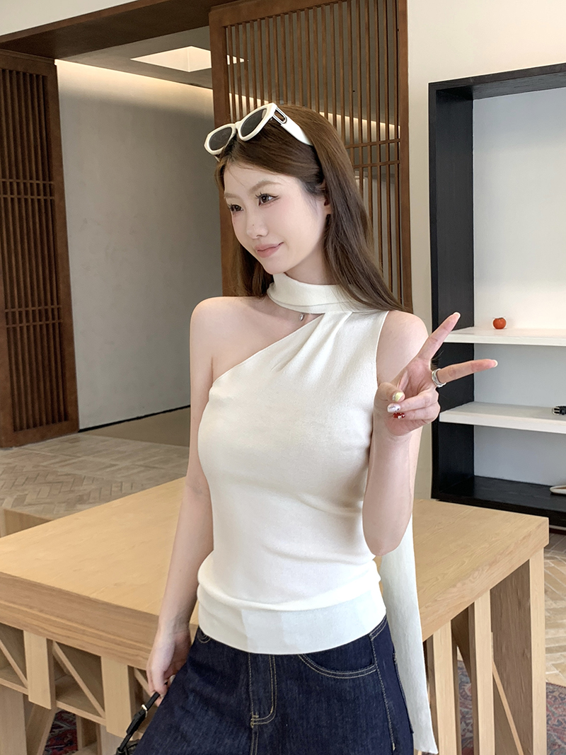 實拍~針織斜肩扭結領無袖背心女2026夏季新款修身顯瘦氣質上衣