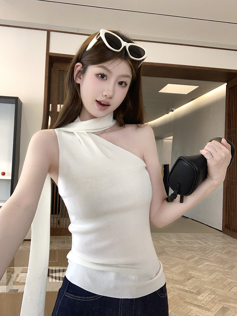實拍~針織斜肩扭結領無袖背心女2026夏季新款修身顯瘦氣質上衣