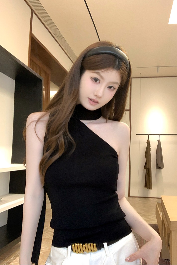 實拍~針織斜肩扭結領無袖背心女2026夏季新款修身顯瘦氣質上衣