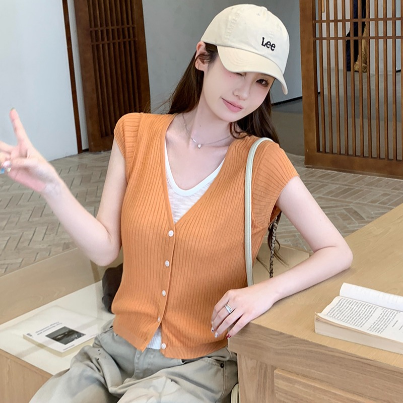 實拍~針織V領短袖坑條單排扣開衫女2026夏季新款假兩件修身上衣