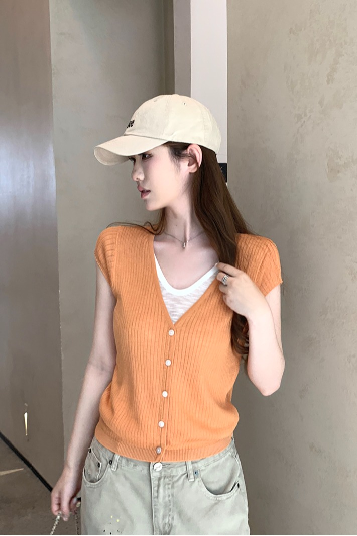 實拍~針織V領短袖坑條單排扣開衫女2026夏季新款假兩件修身上衣