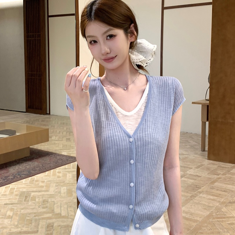 實拍~針織V領短袖坑條單排扣開衫女2026夏季新款假兩件修身上衣