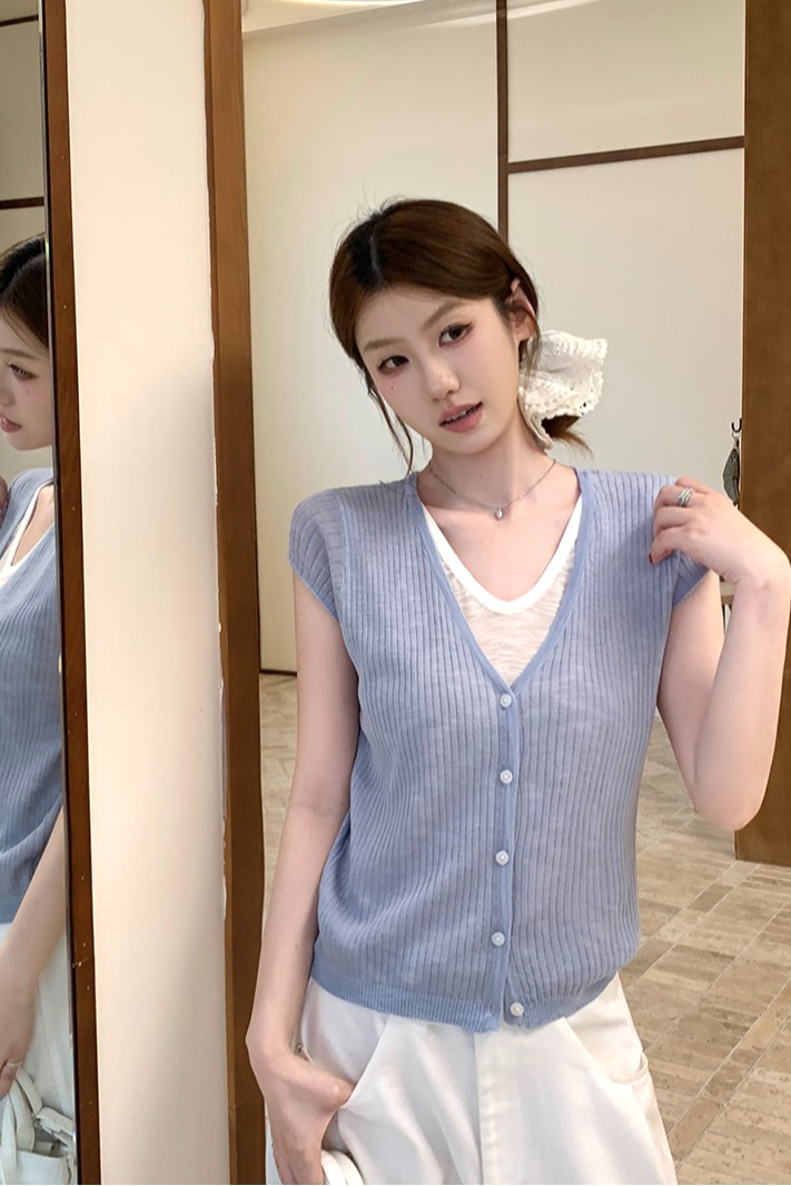 實拍~針織V領短袖坑條單排扣開衫女2026夏季新款假兩件修身上衣