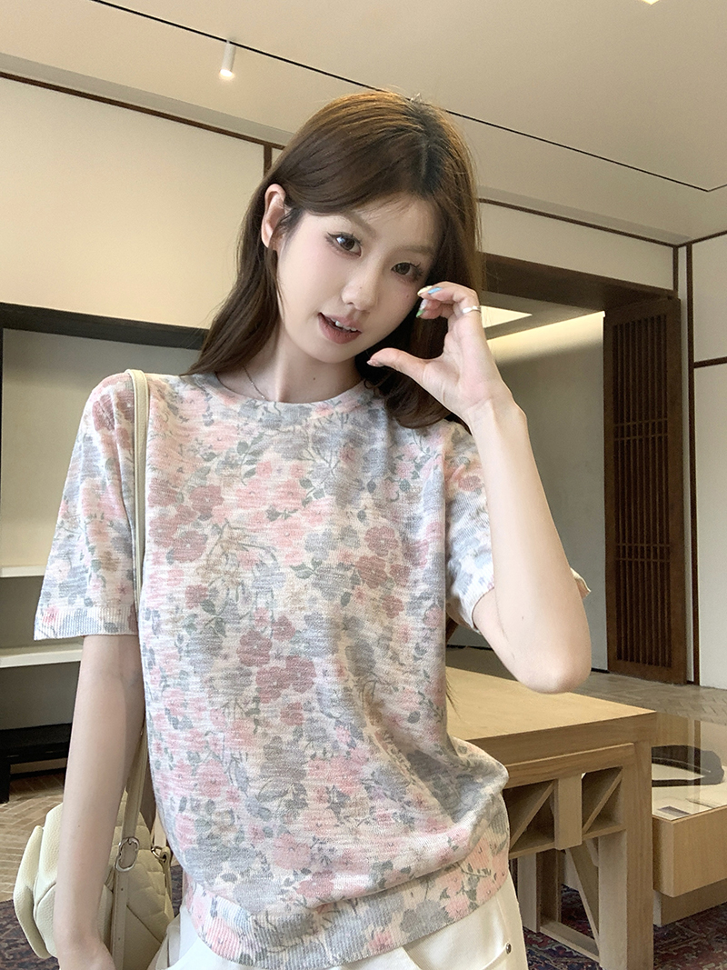 實拍~針織圓領短袖碎花印花T恤女2026夏季新款寬松顯瘦薄款上衣