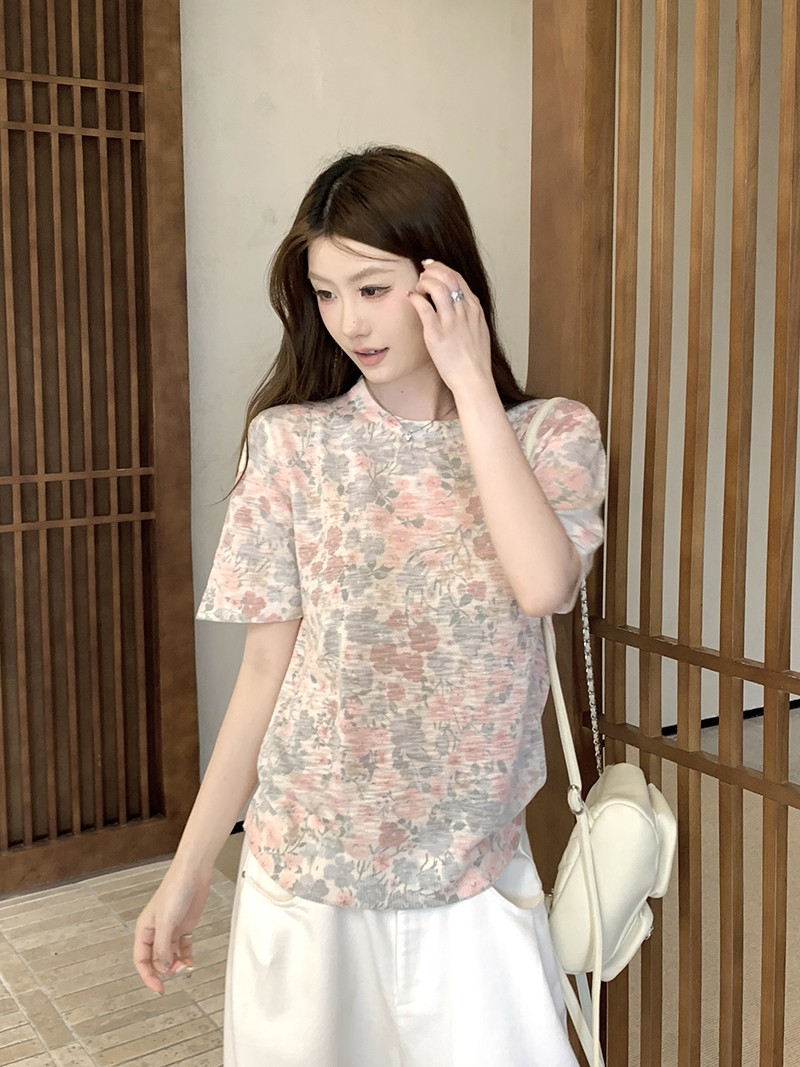 實拍~針織圓領短袖碎花印花T恤女2026夏季新款寬松顯瘦薄款上衣