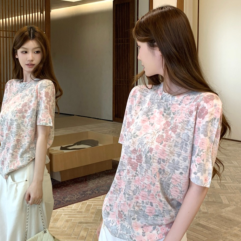 實拍~針織圓領短袖碎花印花T恤女2026夏季新款寬松顯瘦薄款上衣