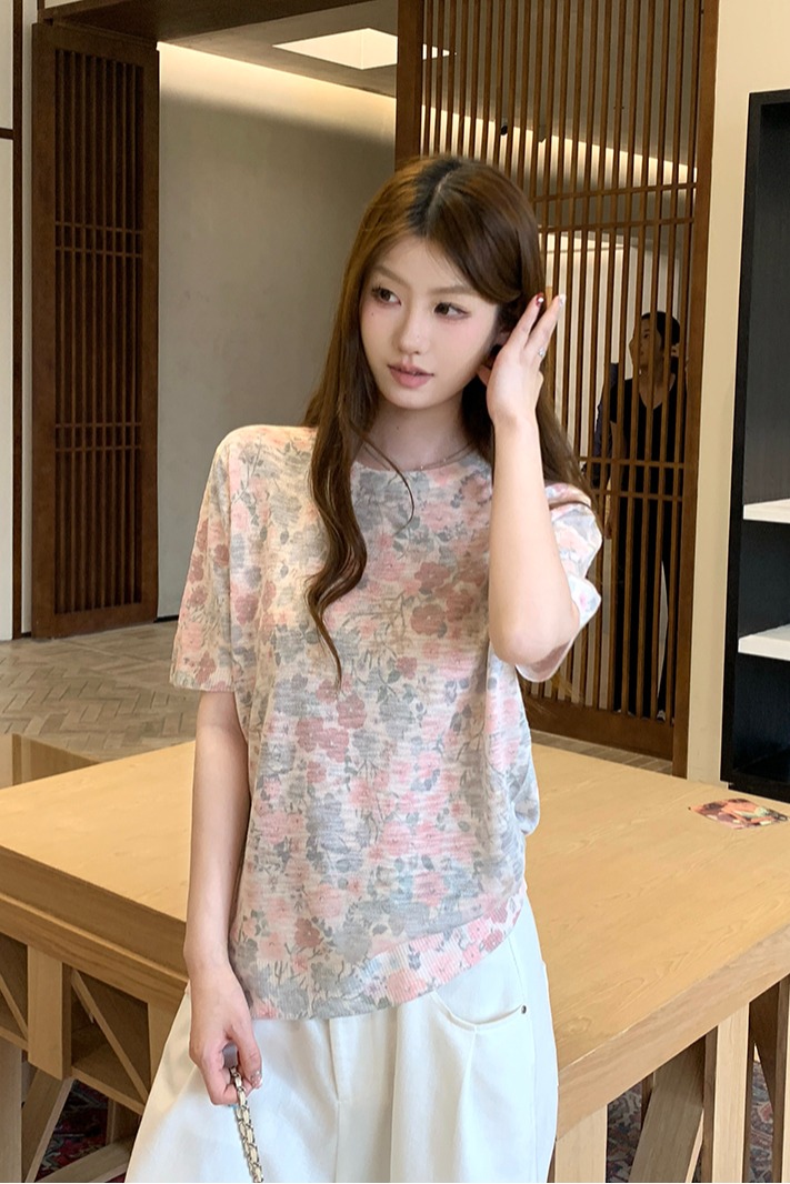 實拍~針織圓領短袖碎花印花T恤女2026夏季新款寬松顯瘦薄款上衣