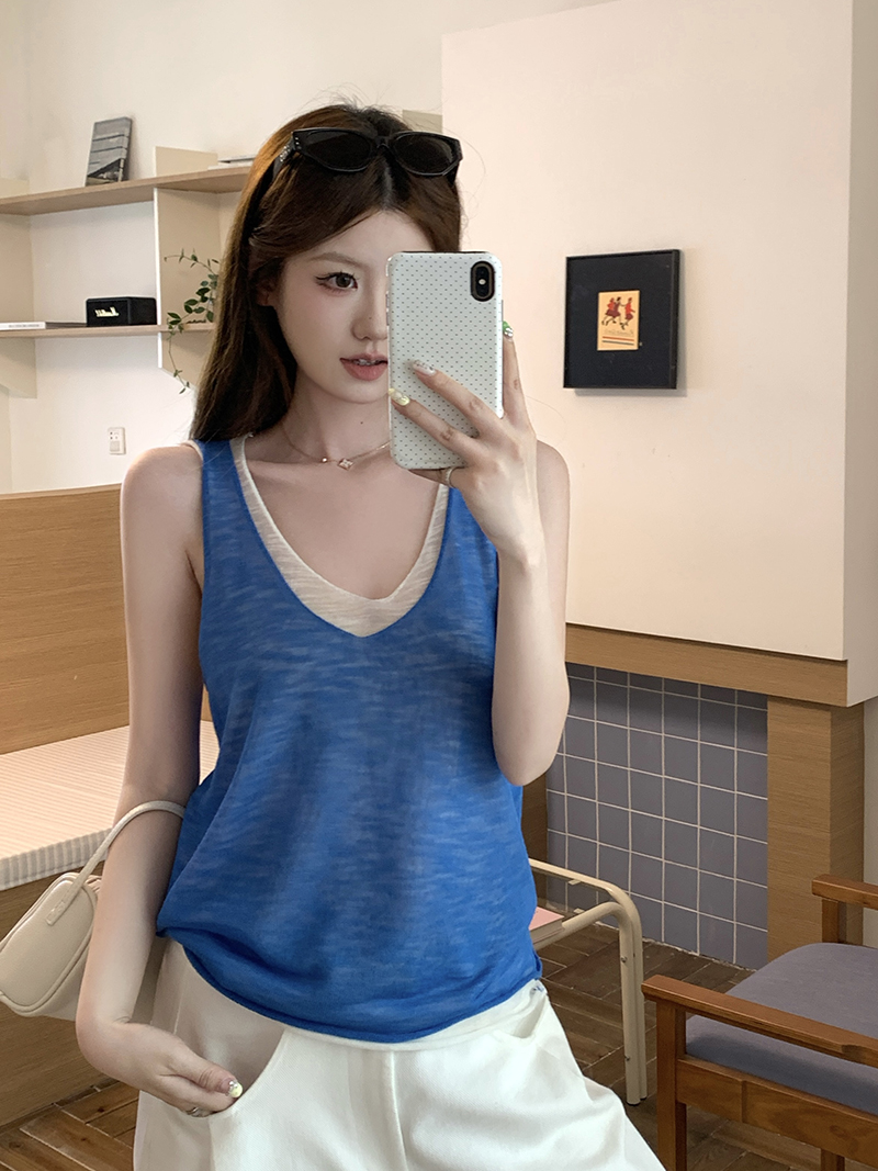 實拍~針織V領無袖假兩件背心女2026夏季新款寬松顯瘦薄款上衣