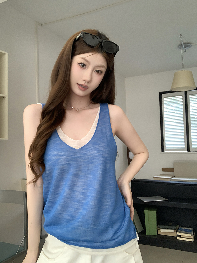 實拍~針織V領無袖假兩件背心女2026夏季新款寬松顯瘦薄款上衣