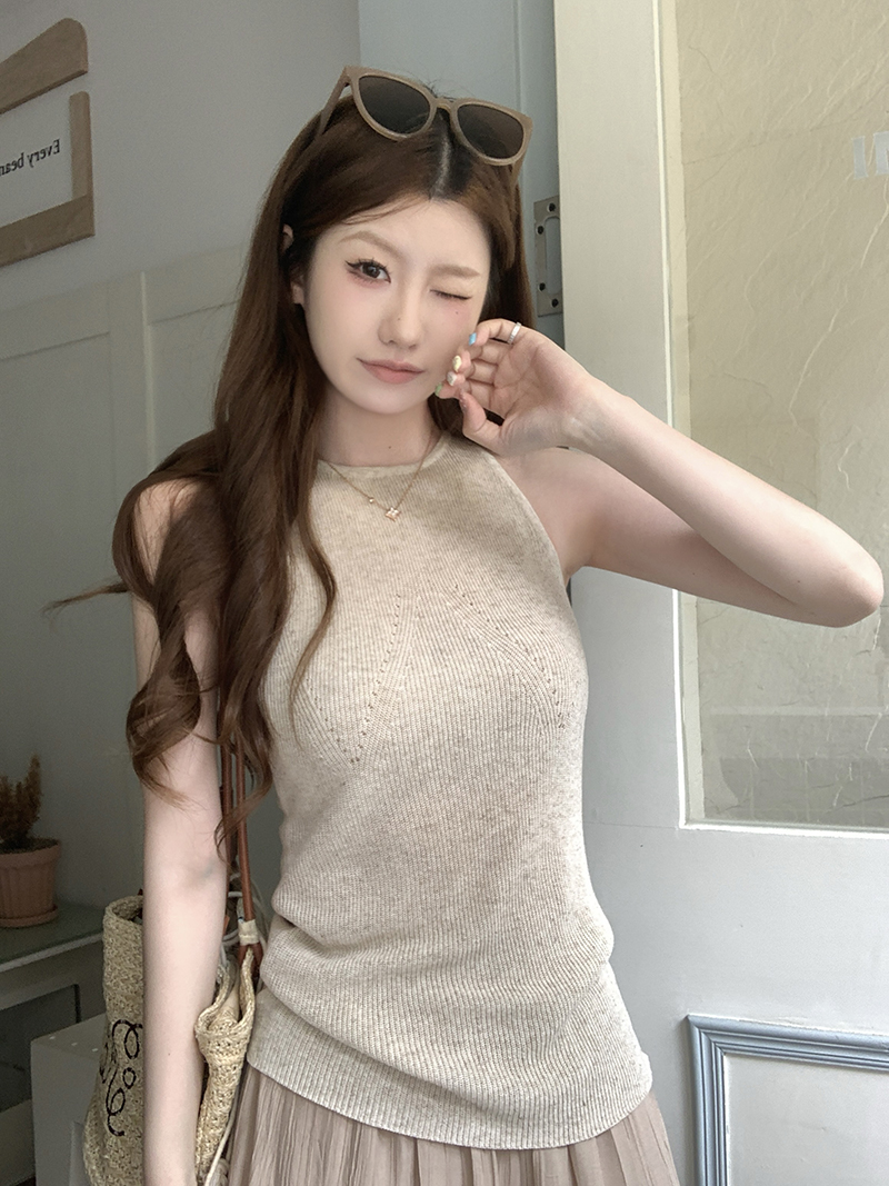 實拍~多色掛脖工字背針織無袖上衣女2026春夏鏤空修身顯瘦爆款