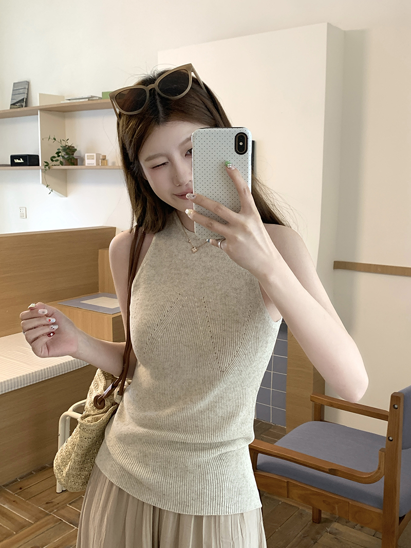 實拍~多色掛脖工字背針織無袖上衣女2026春夏鏤空修身顯瘦爆款