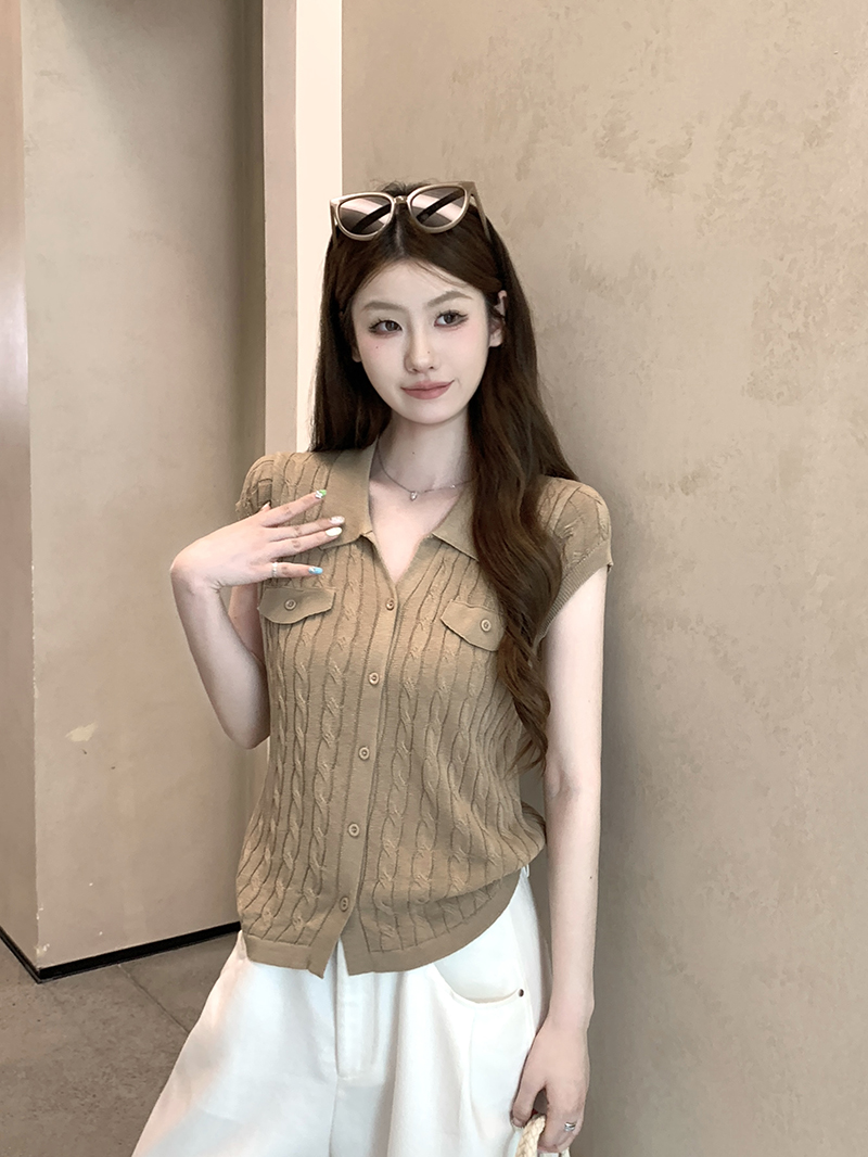 實拍~小眾POLO領短袖針織開衫女夏季薄款百搭顯瘦氣質上衣潮