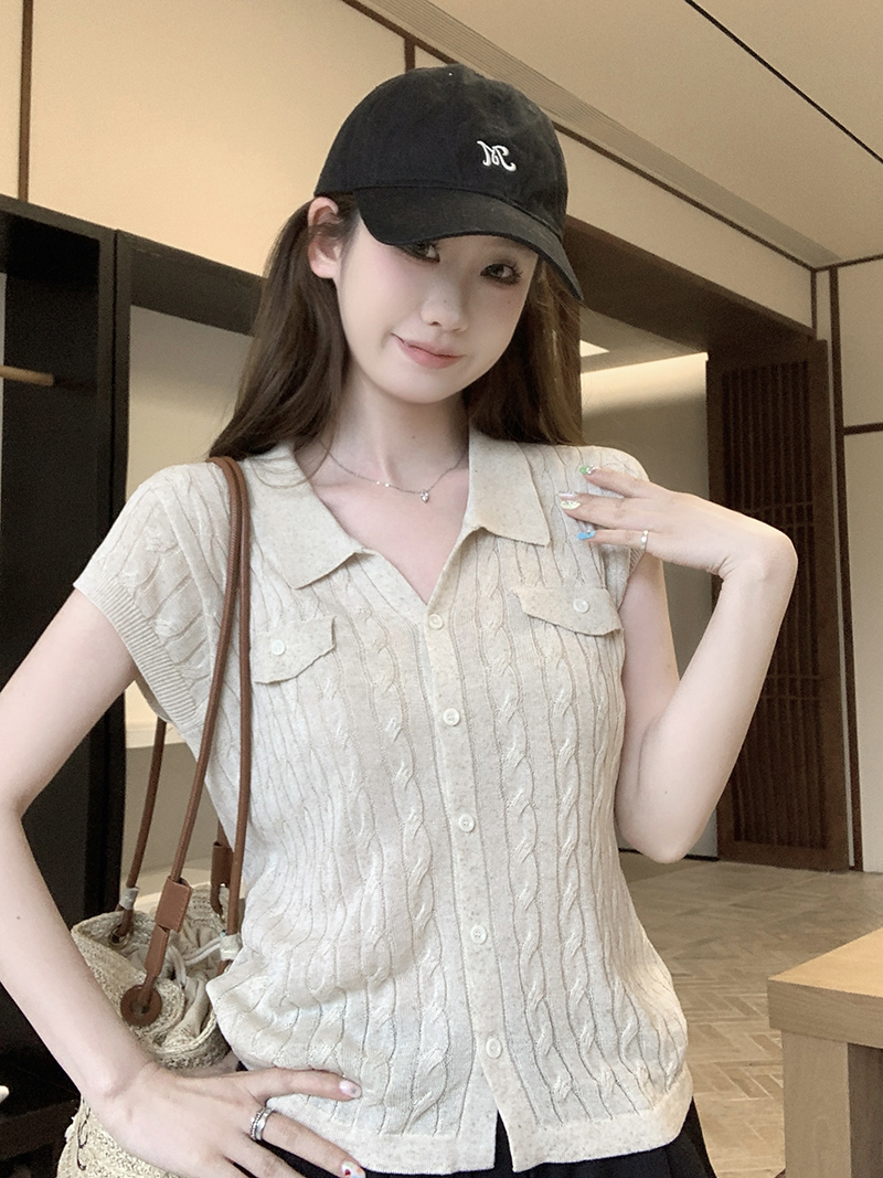 實拍~小眾POLO領短袖針織開衫女夏季薄款百搭顯瘦氣質上衣潮
