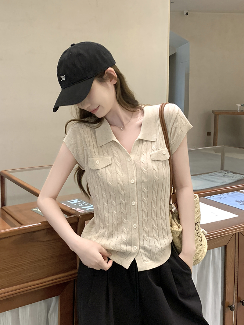 實拍~小眾POLO領短袖針織開衫女夏季薄款百搭顯瘦氣質上衣潮