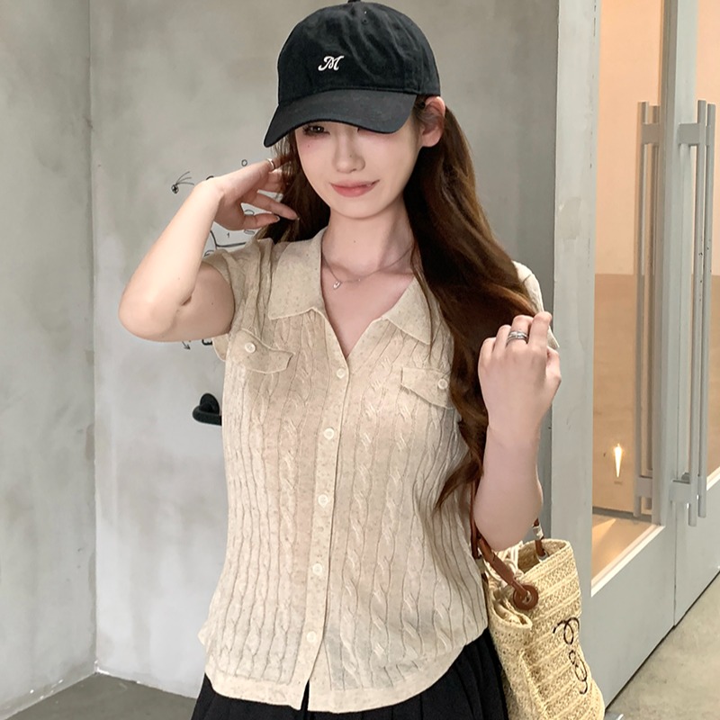 實拍~小眾POLO領短袖針織開衫女夏季薄款百搭顯瘦氣質上衣潮
