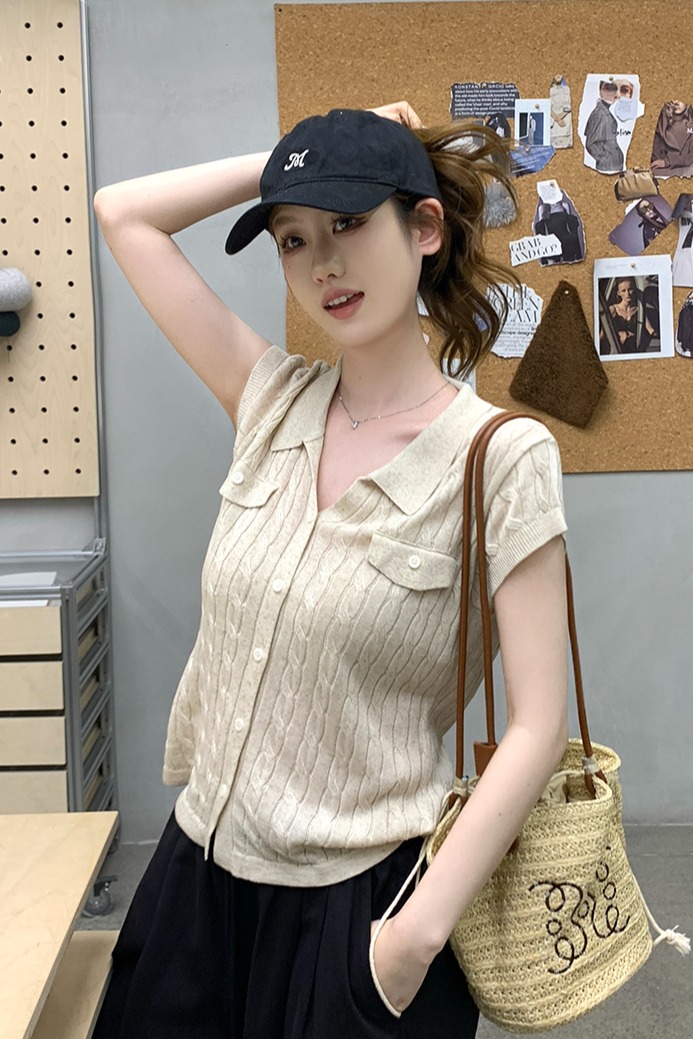 實拍~小眾POLO領短袖針織開衫女夏季薄款百搭顯瘦氣質上衣潮