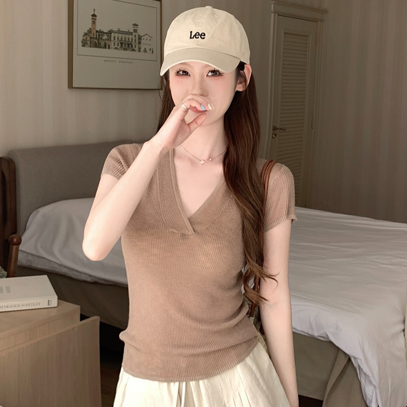 實拍~針織V領短袖 T恤女2026夏季新款修身顯瘦氣質上衣