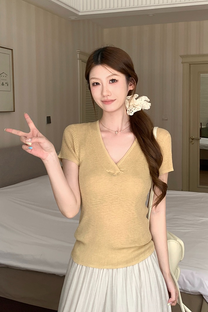 實拍~針織V領短袖 T恤女2026夏季新款修身顯瘦氣質上衣
