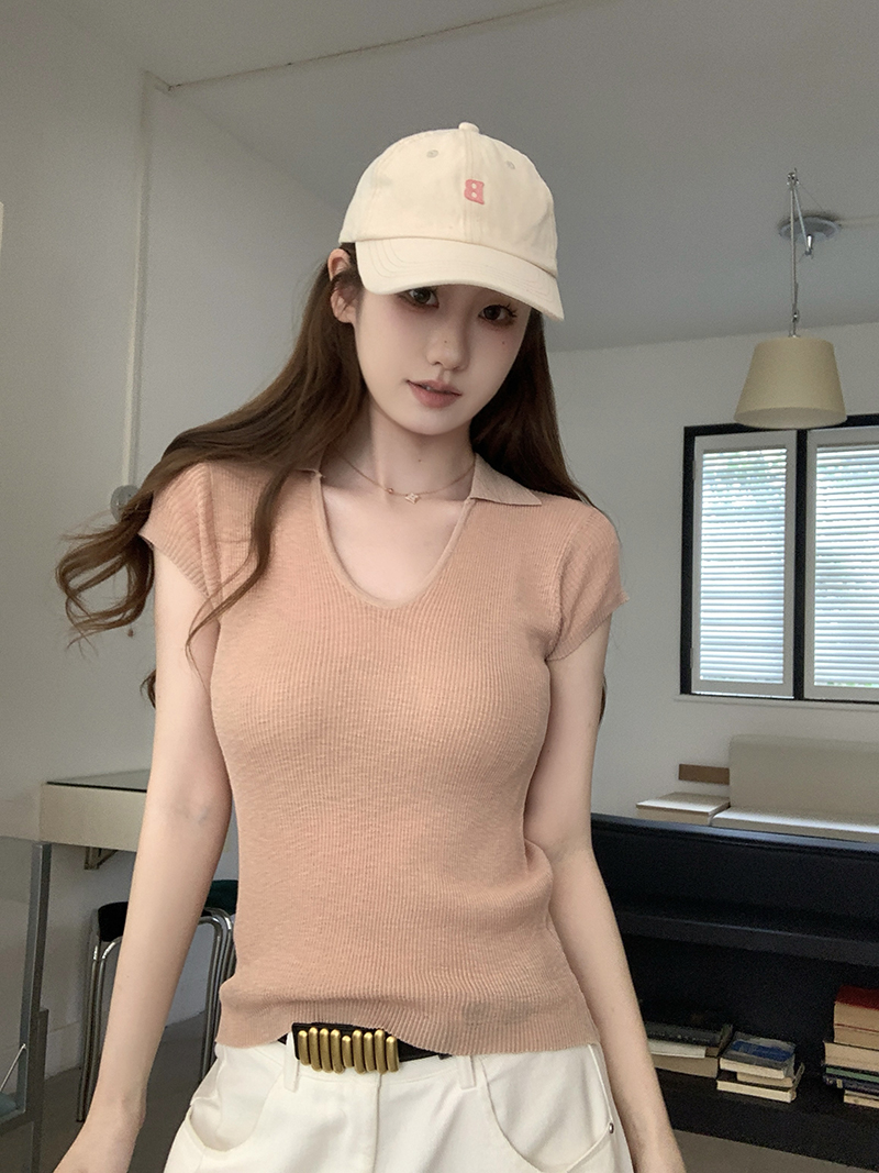 實拍~針織Polo領V領短袖T恤女2026夏季新款坑條修身顯瘦氣質上衣