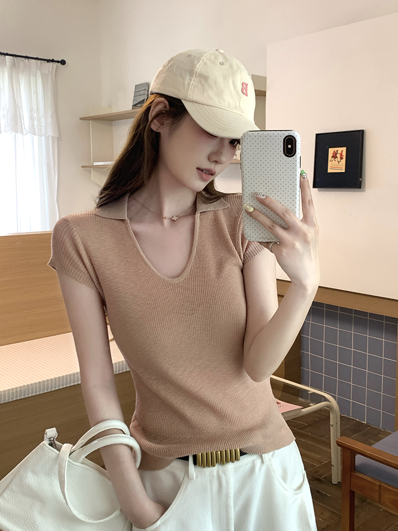 實拍~針織Polo領V領短袖T恤女2026夏季新款坑條修身顯瘦氣質上衣