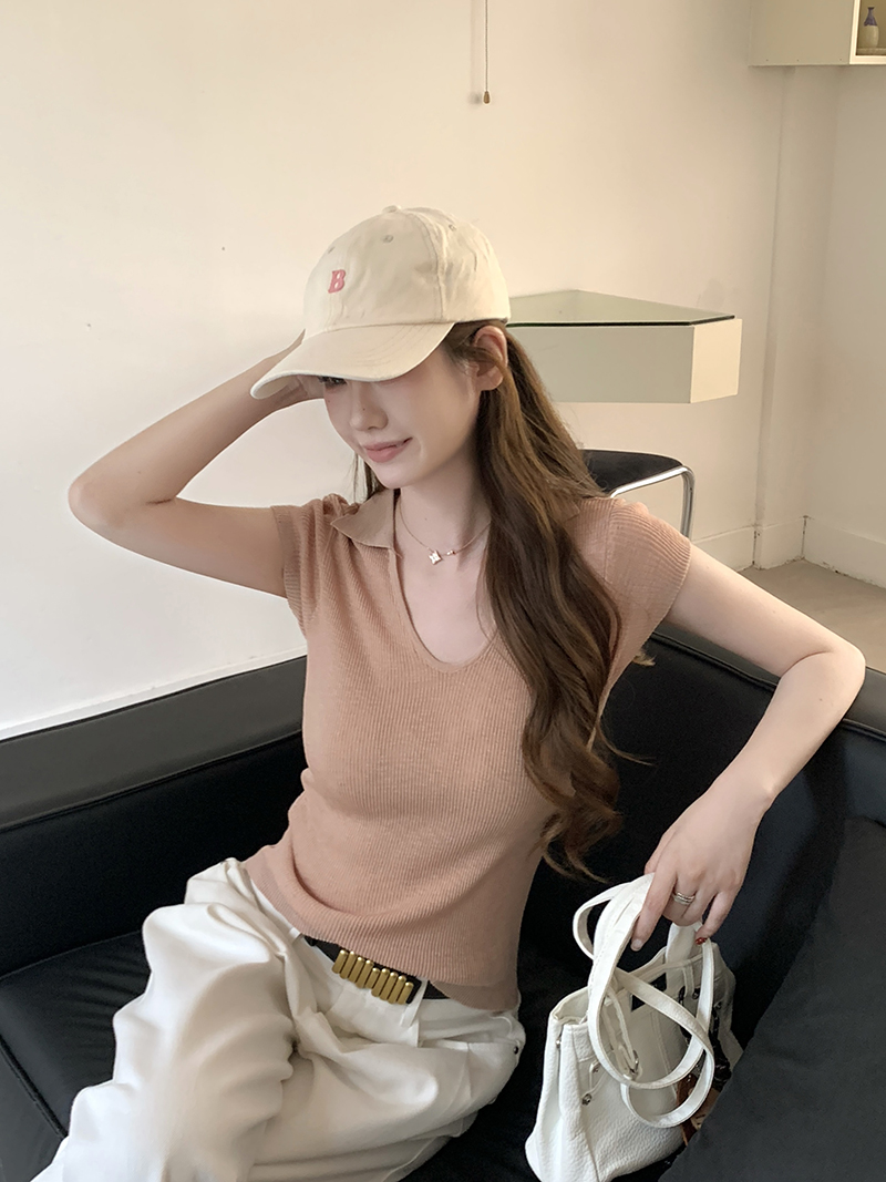 實拍~針織Polo領V領短袖T恤女2026夏季新款坑條修身顯瘦氣質上衣