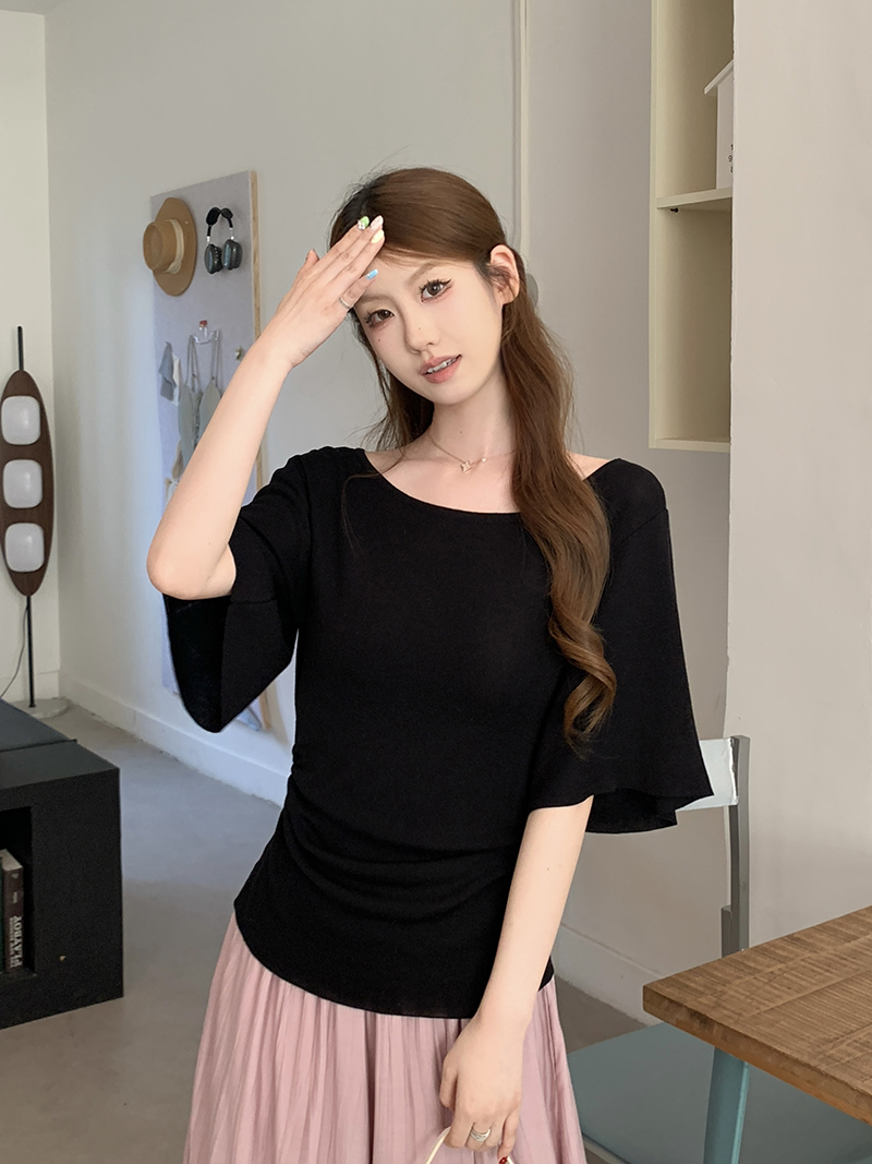 實拍~清冷女人斜肩上衣 喇叭袖知性高雅法式浪漫針織衫