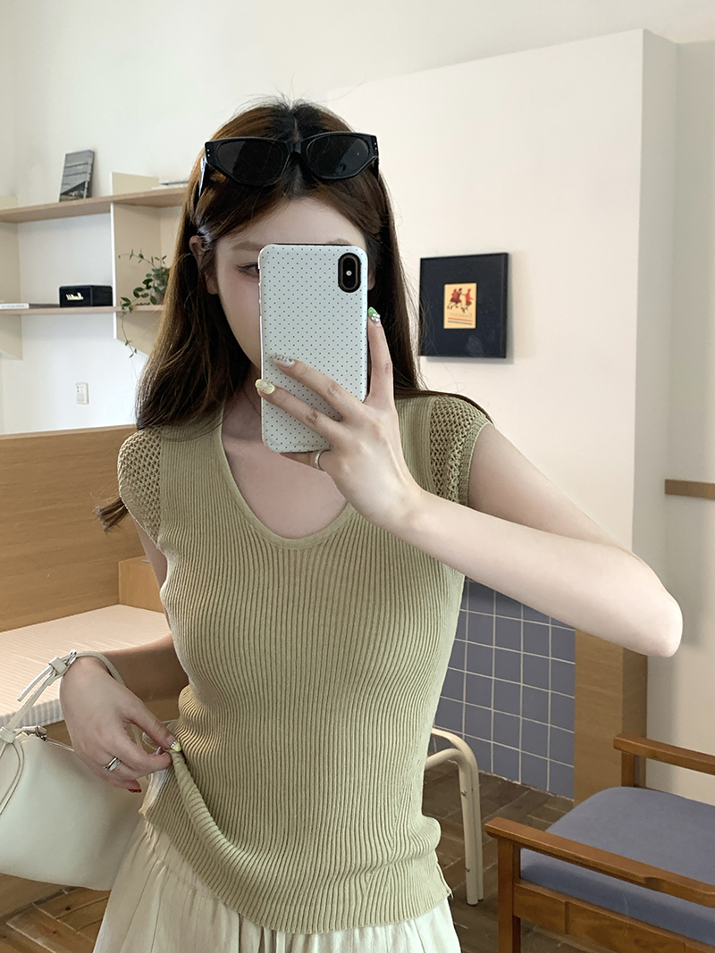 實拍~針織V領小飛袖T恤女2026夏季新款坑條修身顯瘦氣質上衣