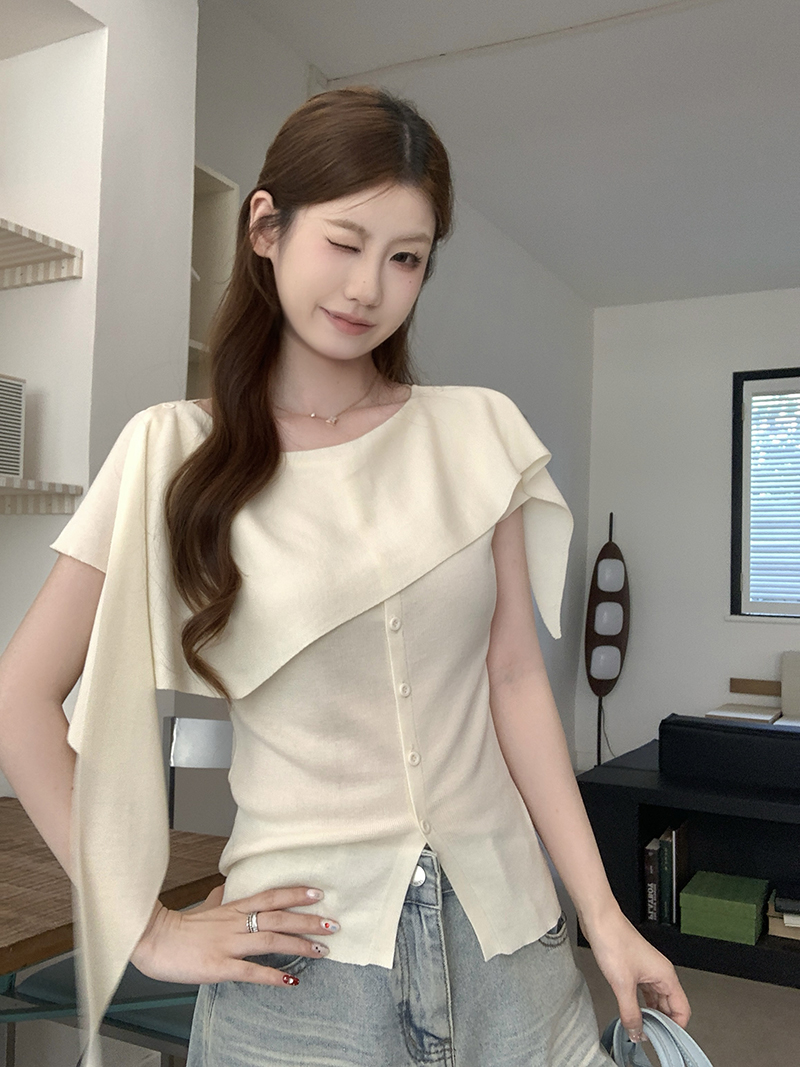 實拍~針織斜肩不對稱收腰T恤女2026夏季新款單排扣短袖顯瘦上衣