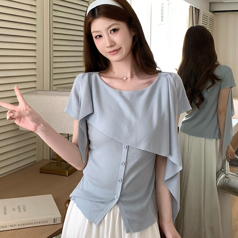 實拍~針織斜肩不對稱收腰T恤女2026夏季新款單排扣短袖顯瘦上衣