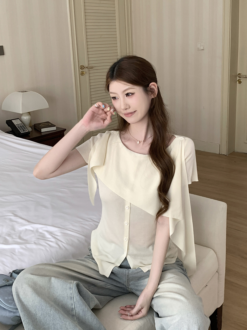 實拍~針織斜肩不對稱收腰T恤女2026夏季新款單排扣短袖顯瘦上衣