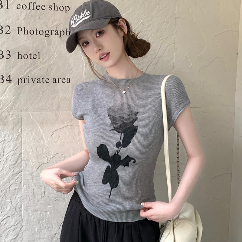 實拍~針織圓領短袖玫瑰花印花T恤女2026夏季新款修身顯瘦氣質上衣