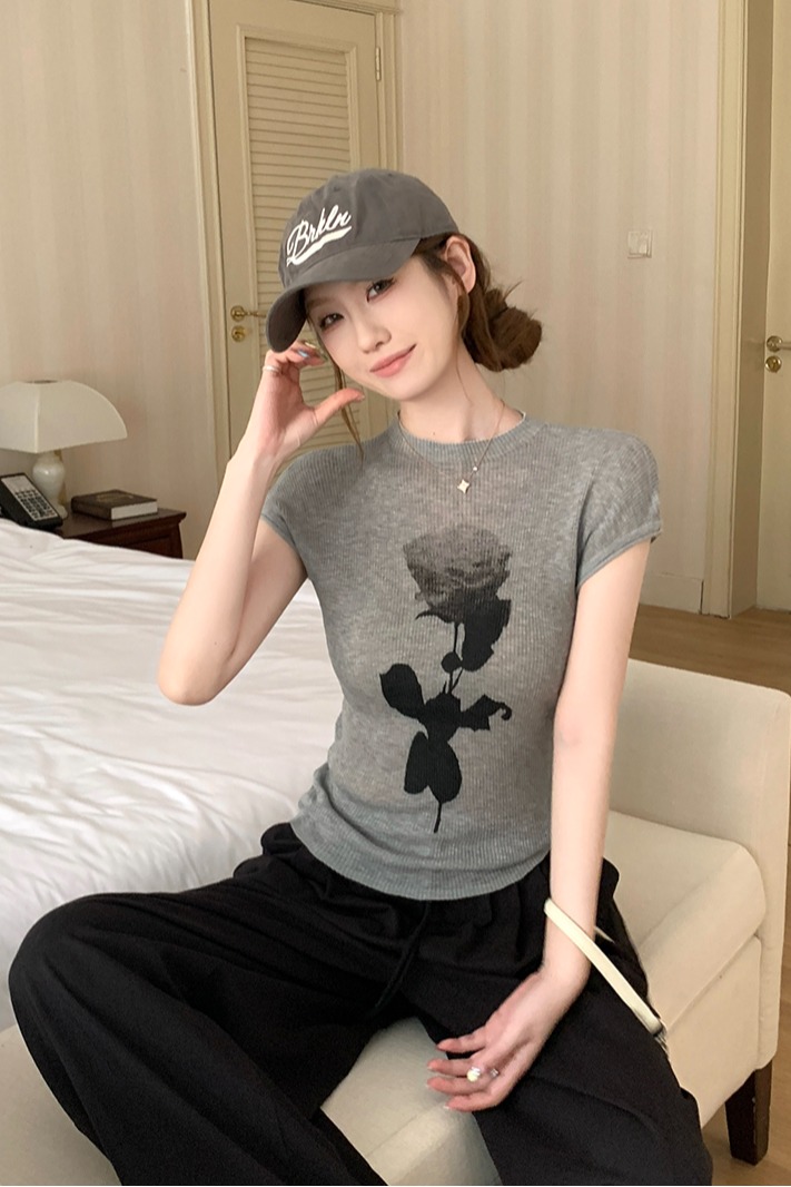 實拍~針織圓領短袖玫瑰花印花T恤女2026夏季新款修身顯瘦氣質上衣