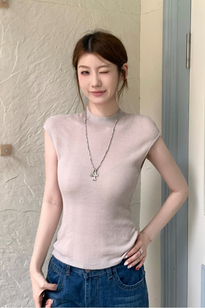 實拍~針織半高領無袖飛袖T恤女夏季新款斜紋肌理修身顯瘦氣質上衣