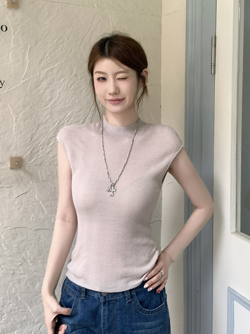 實拍~針織半高領無袖飛袖T恤女夏季新款斜紋肌理修身顯瘦氣質上衣