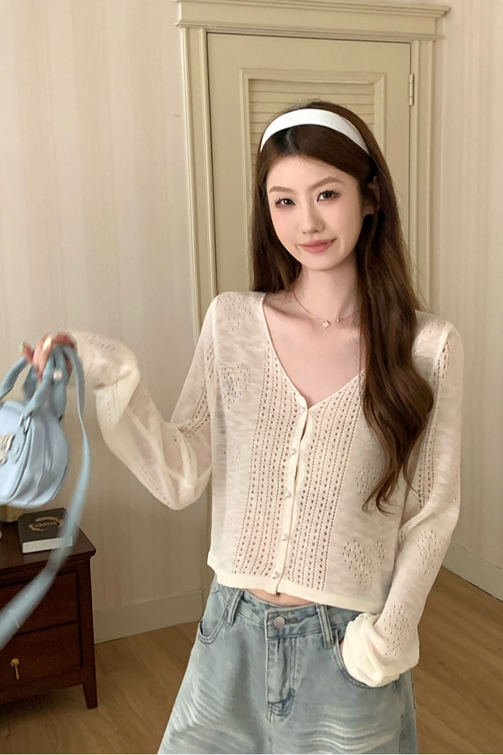 實拍~純色輕薄鏤空V領長袖針織開衫女夏軟糯百搭薄款防曬罩衫