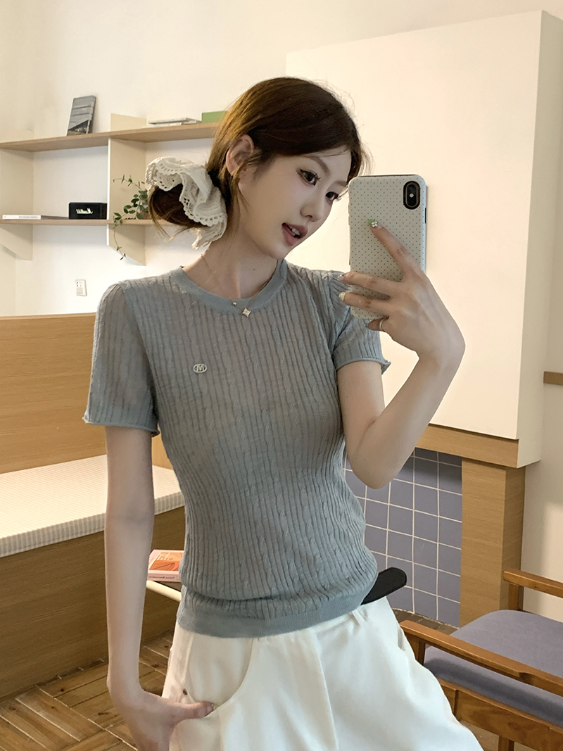 實拍~正肩圓領撞色包邊針織短袖T恤女新款夏季坑條修身顯瘦上衣