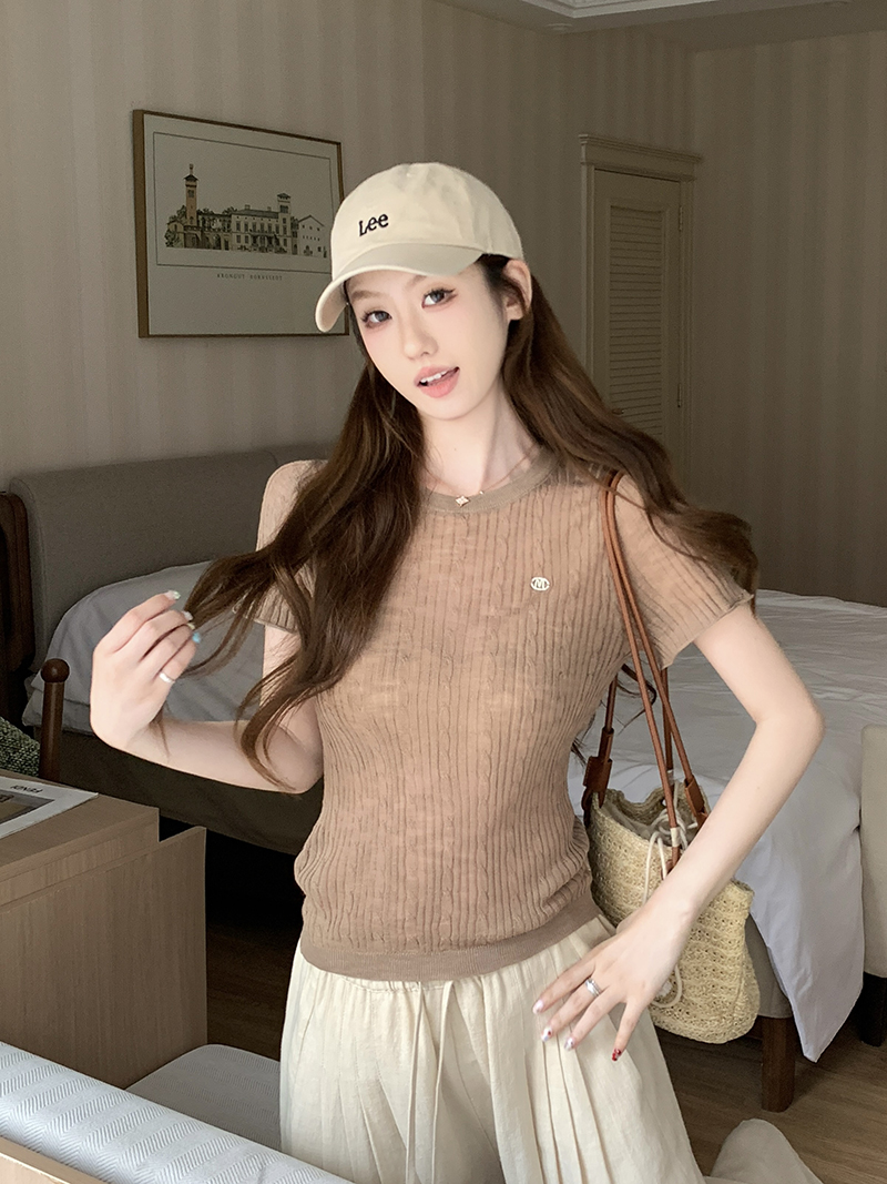 實拍~正肩圓領撞色包邊針織短袖T恤女新款夏季坑條修身顯瘦上衣