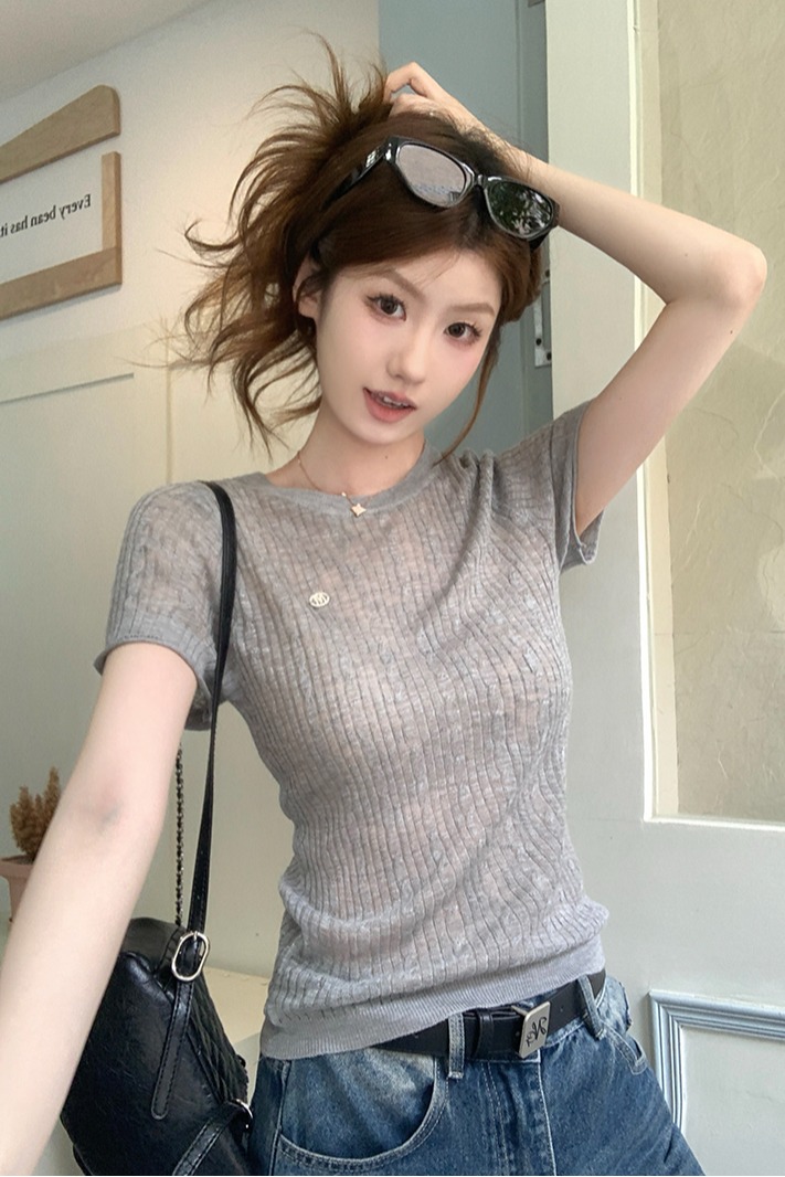 實拍~正肩圓領撞色包邊針織短袖T恤女新款夏季坑條修身顯瘦上衣