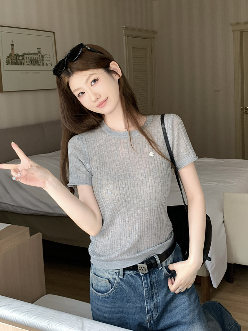 實拍~正肩圓領撞色包邊針織短袖T恤女新款夏季坑條修身顯瘦上衣