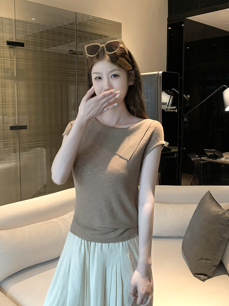 實拍~針織斜肩不對稱短袖T恤女2026夏季新款修身顯瘦氣質上衣