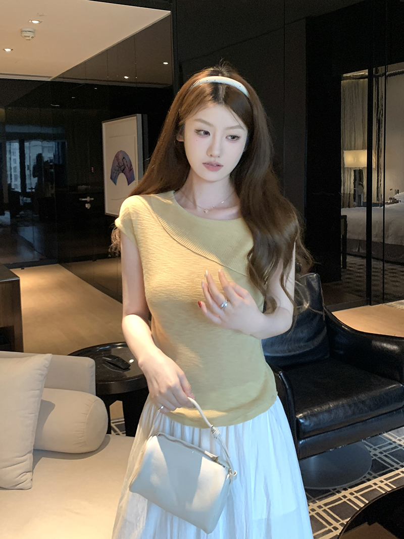 實拍~針織斜肩不對稱短袖T恤女2026夏季新款修身顯瘦氣質上衣