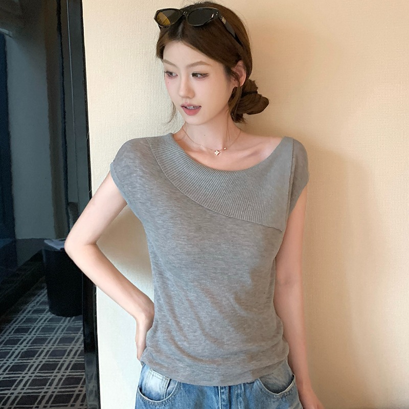 實拍~針織斜肩不對稱短袖T恤女2026夏季新款修身顯瘦氣質上衣