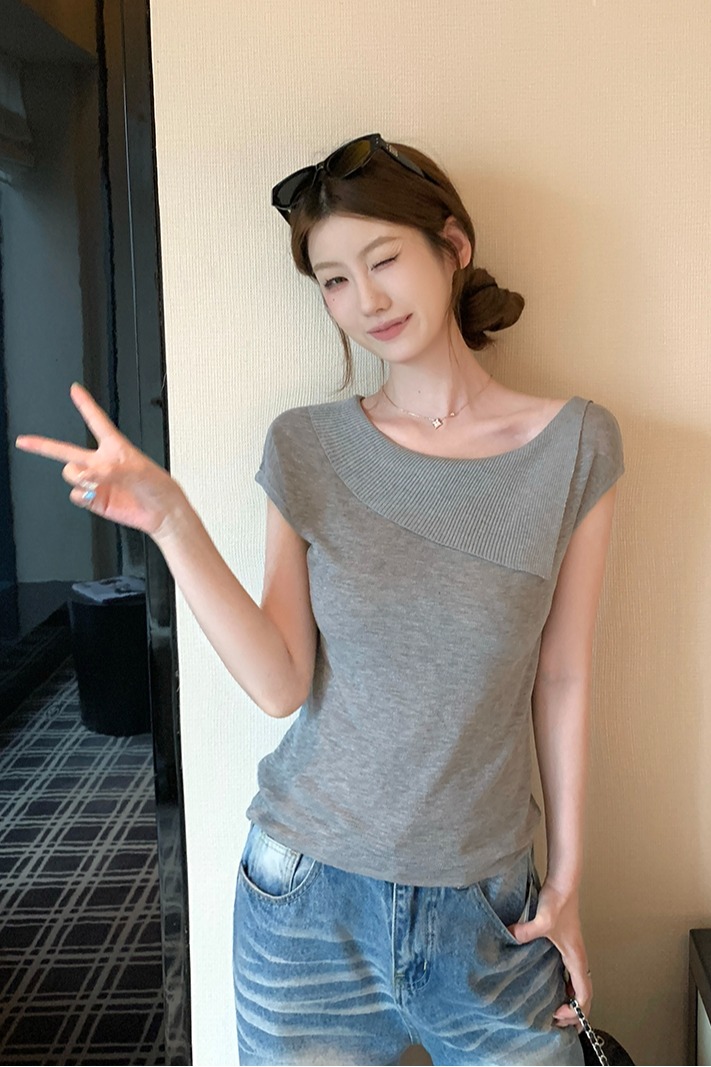 實拍~針織斜肩不對稱短袖T恤女2026夏季新款修身顯瘦氣質上衣
