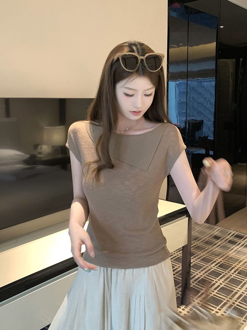實拍~針織斜肩不對稱短袖T恤女2026夏季新款修身顯瘦氣質上衣