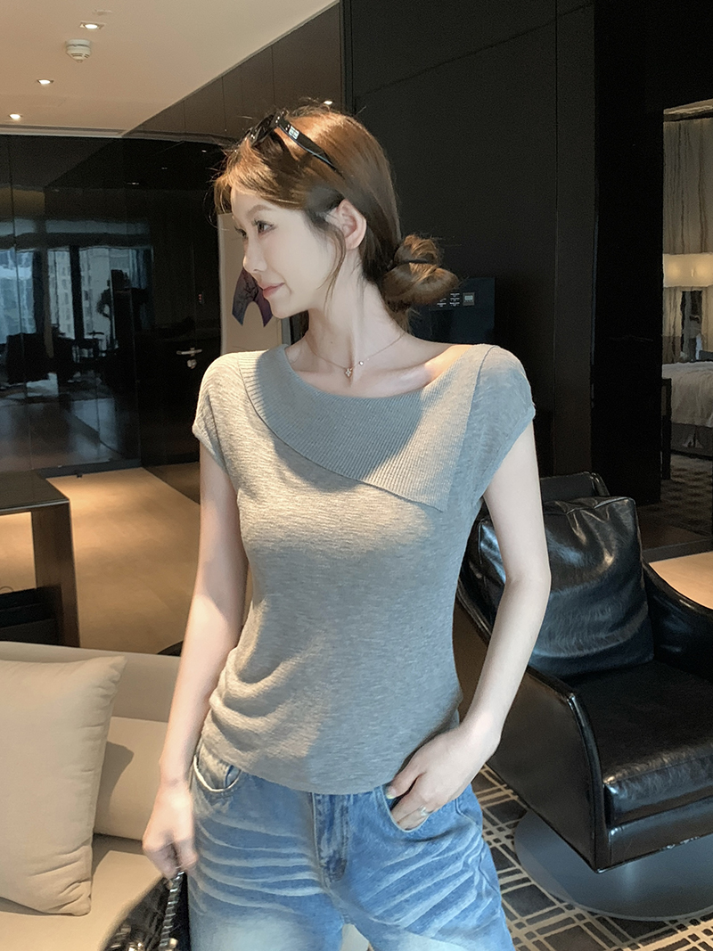實拍~針織斜肩不對稱短袖T恤女2026夏季新款修身顯瘦氣質上衣