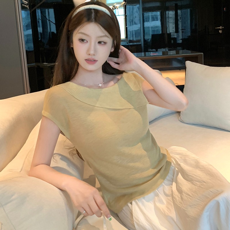 實拍~針織斜肩不對稱短袖T恤女2026夏季新款修身顯瘦氣質上衣