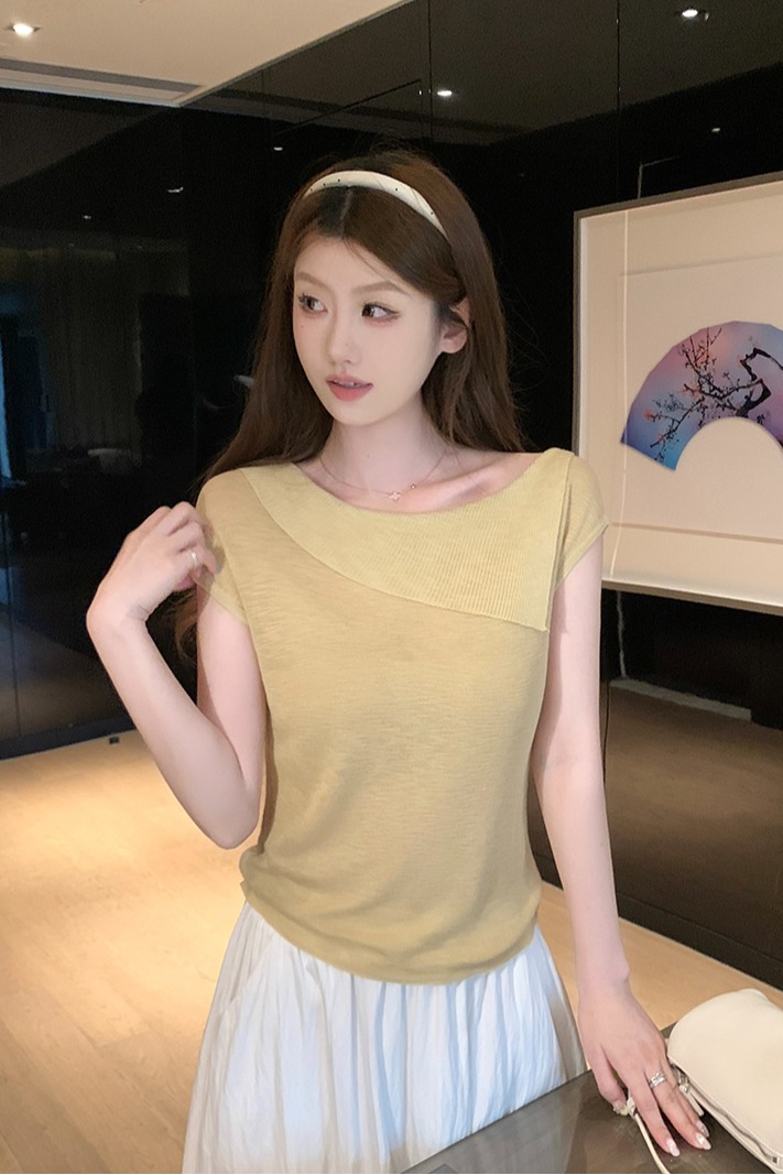 實拍~針織斜肩不對稱短袖T恤女2026夏季新款修身顯瘦氣質上衣