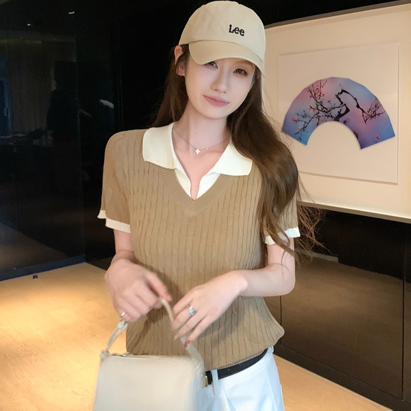 實拍~假兩件麻花紋針織衫女歐洲站2026新款歐貨女裝打底小衫潮