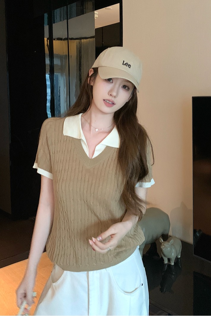 實拍~假兩件麻花紋針織衫女歐洲站2026新款歐貨女裝打底小衫潮